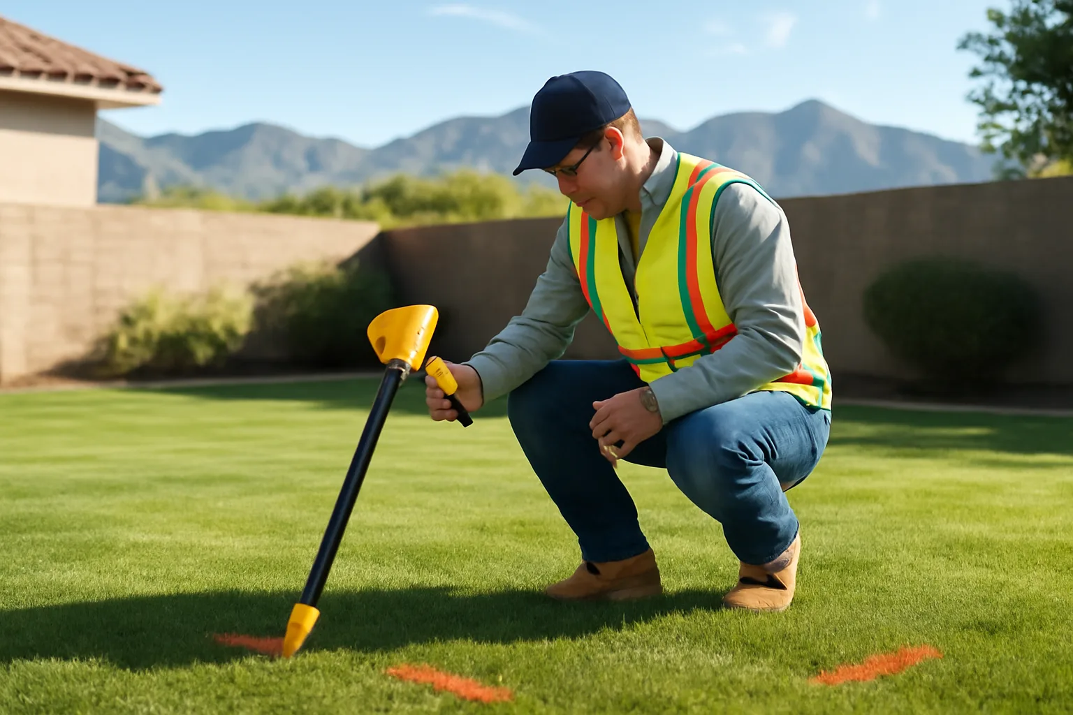 Utility locator marking underground lines in a suburban Arizona yard