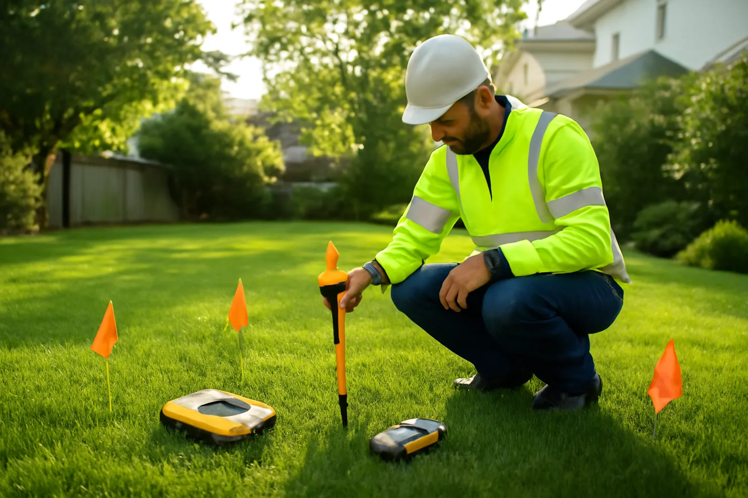 Utility locator marking underground lines in a Connecticut residential yard