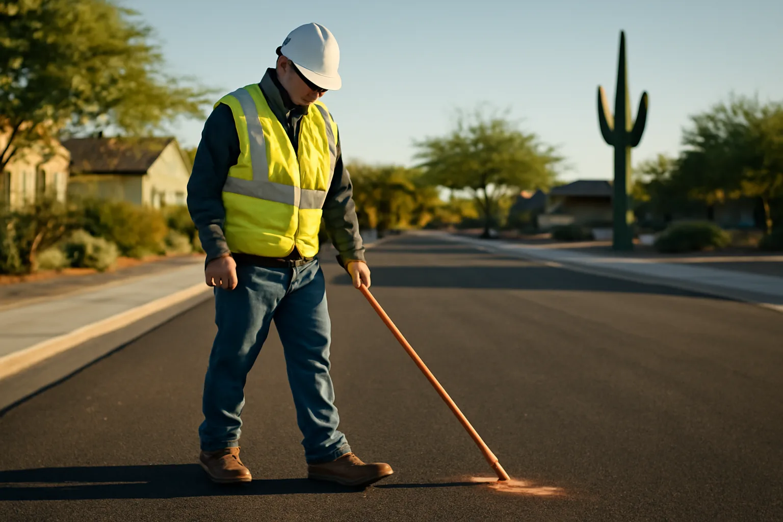 Utility locator marking orange lines on asphalt in an Arizona residential street at sunrise