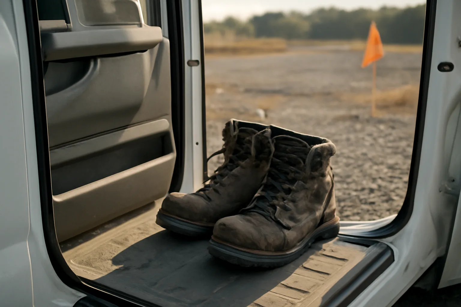 Boots on truck floor with locate flag outside in morning Arkansas light