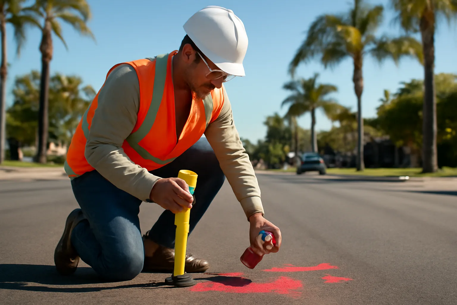 Utility locator marking ground with red paint in California