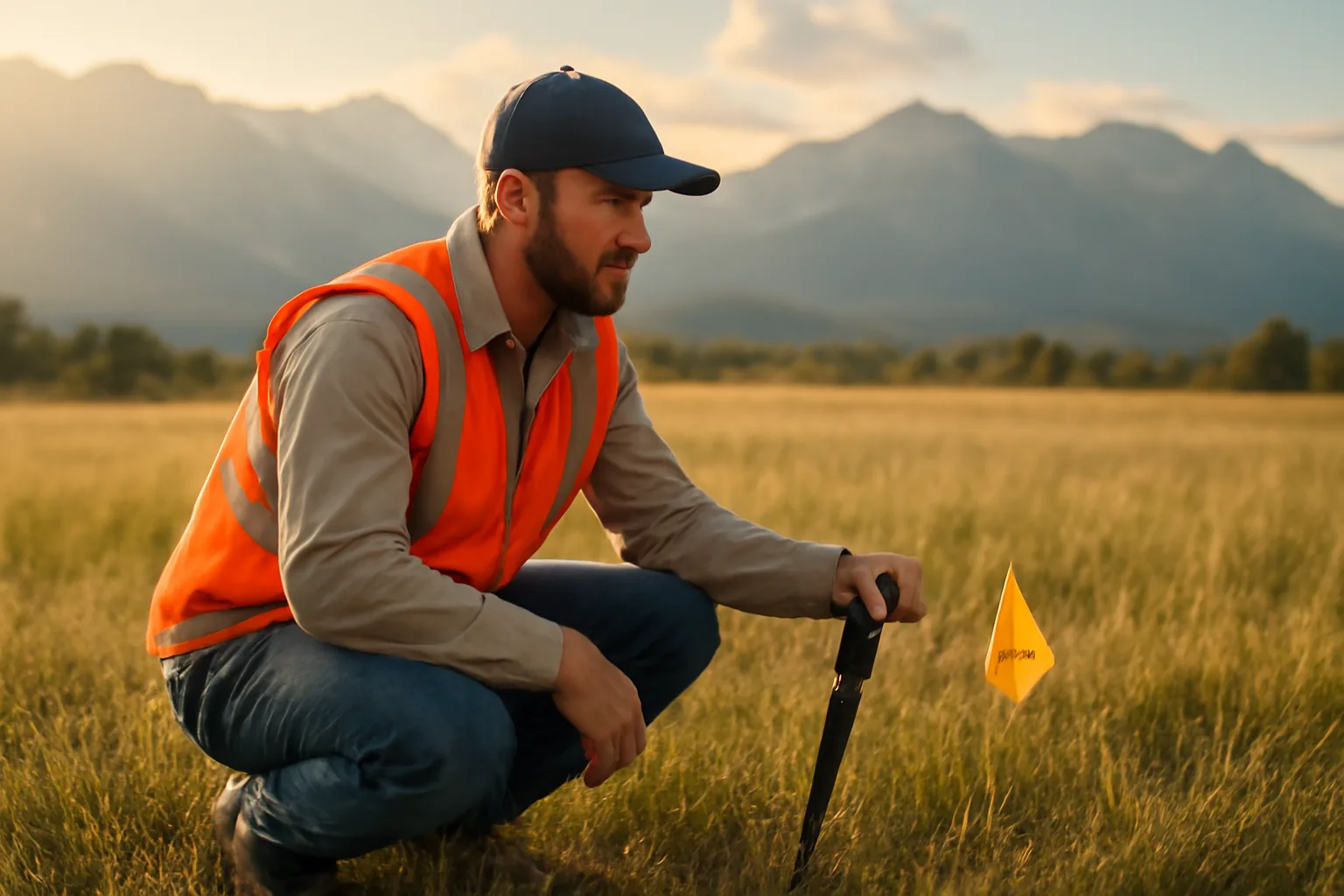 Utility locator marking an underground line with a flag in Colorado