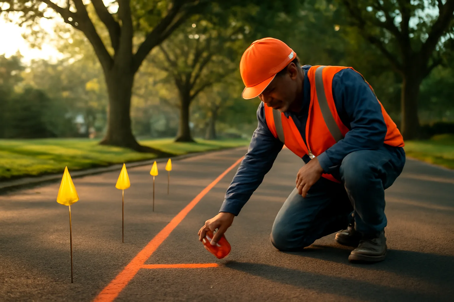 Utility locator marking gas line with orange paint on Connecticut residential street