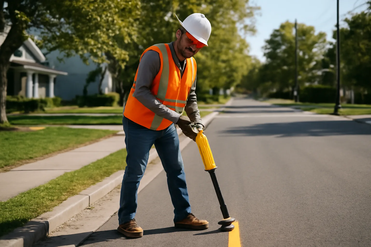 Utility locator marking a line on a Delaware street