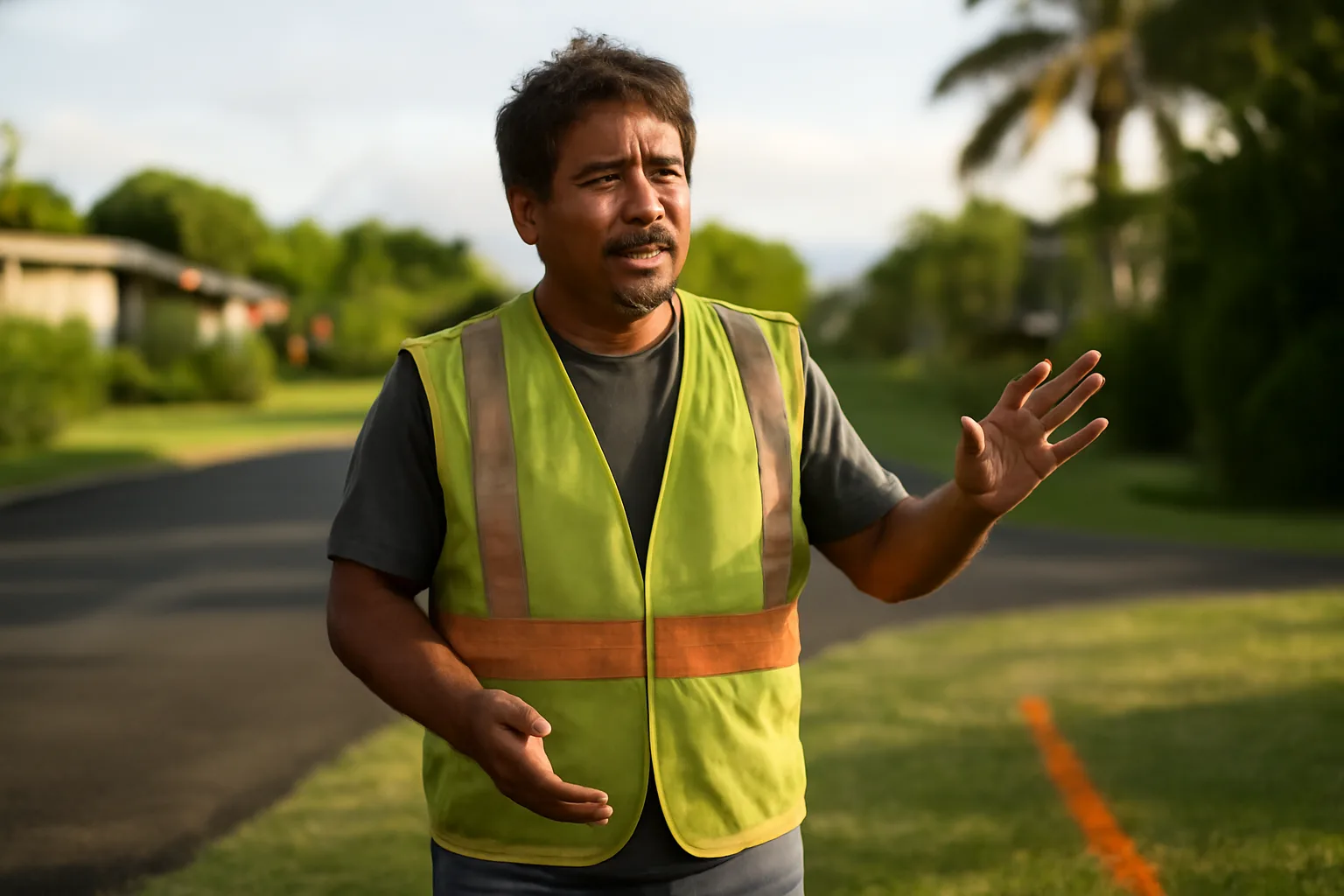 Utility locator on a Hilo grass verge after marking buried lines