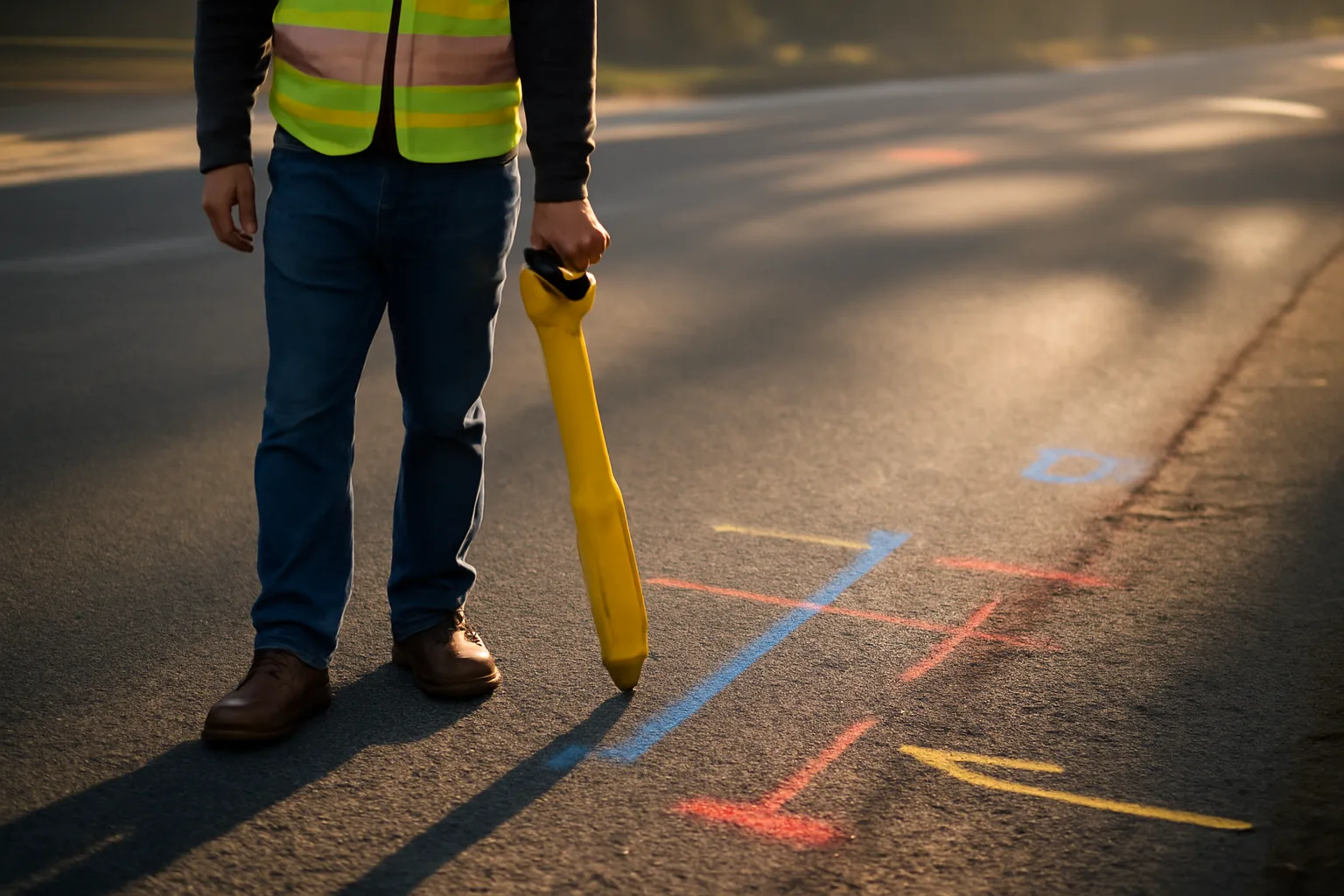 A utility locator in Arkansas using an electromagnetic wand over painted underground utility marks on a road.