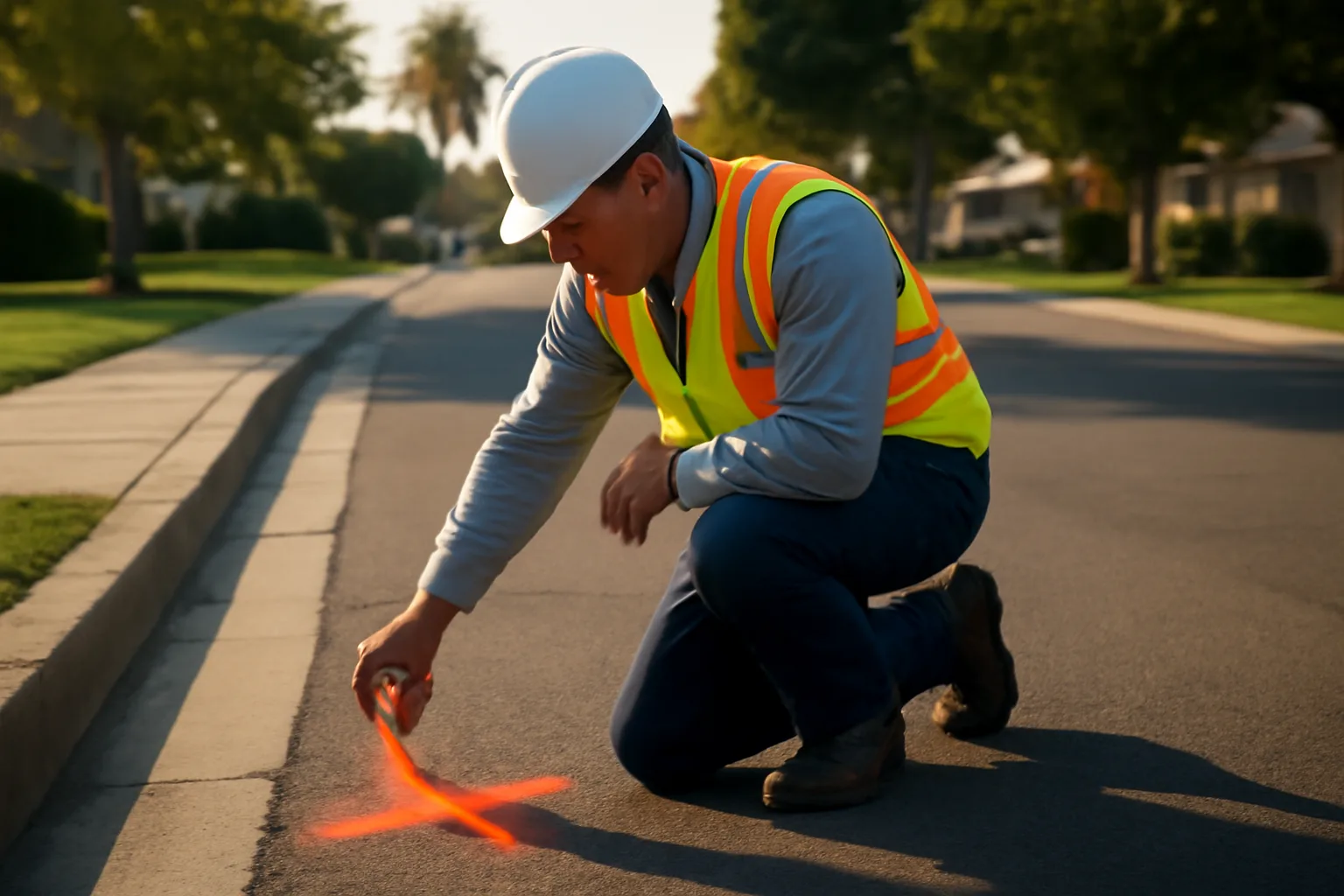 Utility locator marking underground lines on a California street