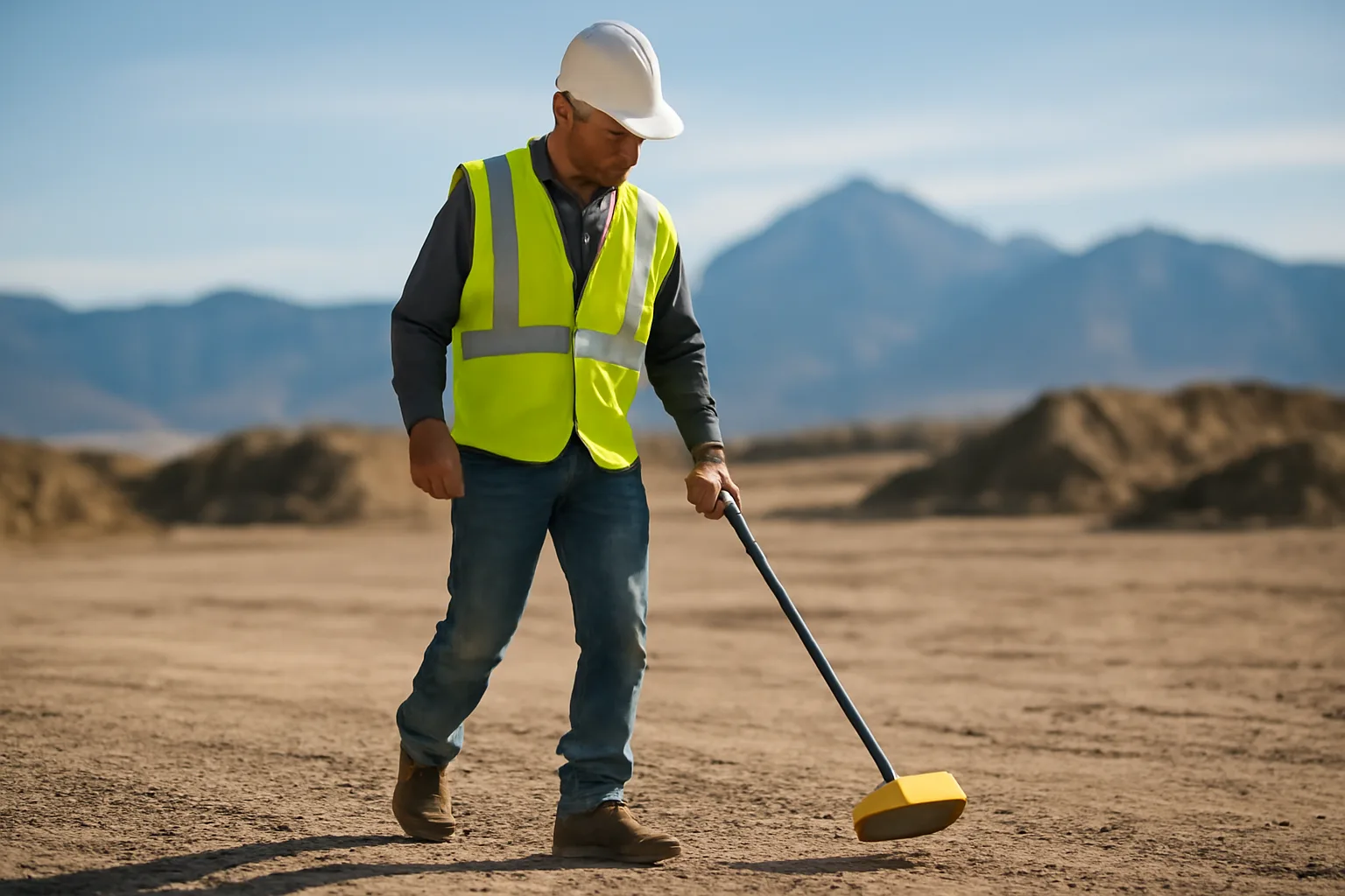 Utility locator scanning a Colorado construction site with a receiver and mountains in the background