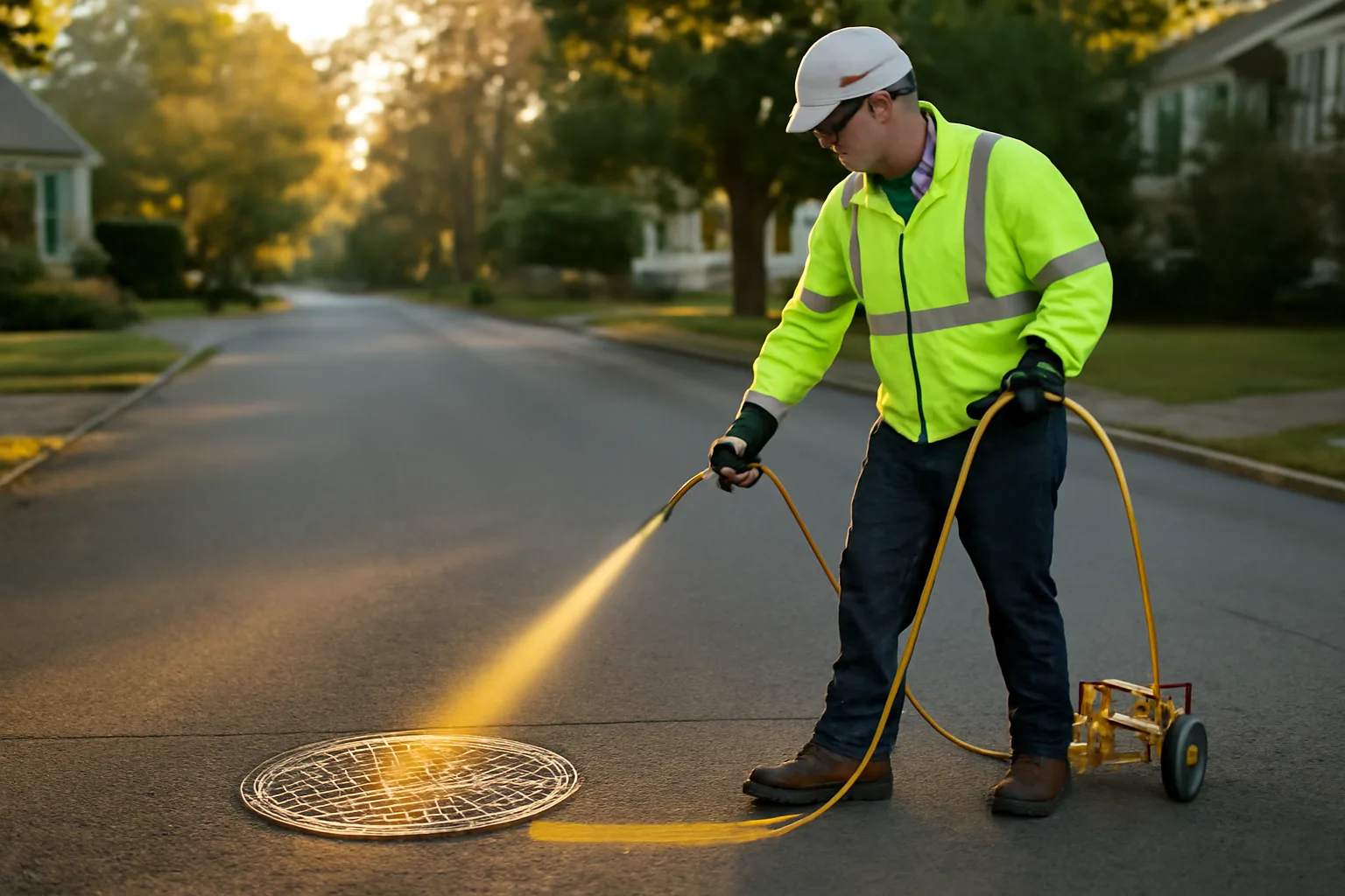 Utility locator marking underground lines on Connecticut street