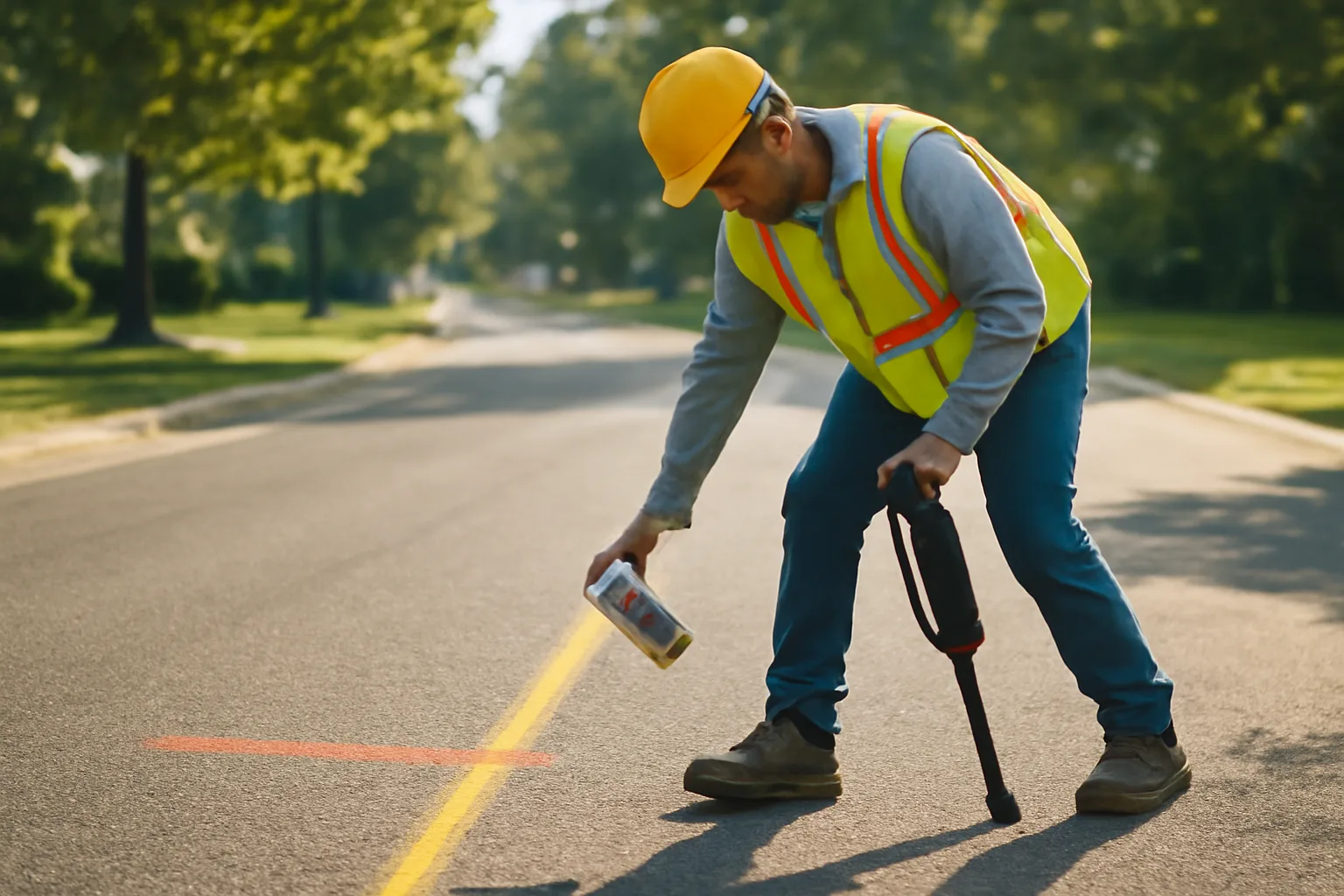Utility locator spray-painting locate marks on a Delaware roadway.