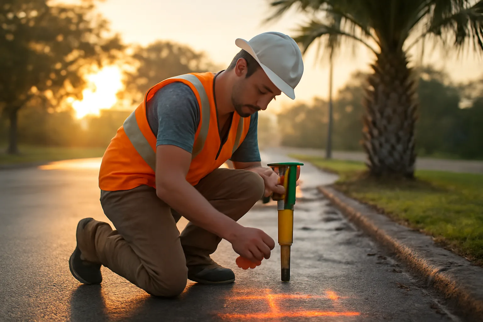 Utility locator painting marks in a Florida parking lot at dawn.