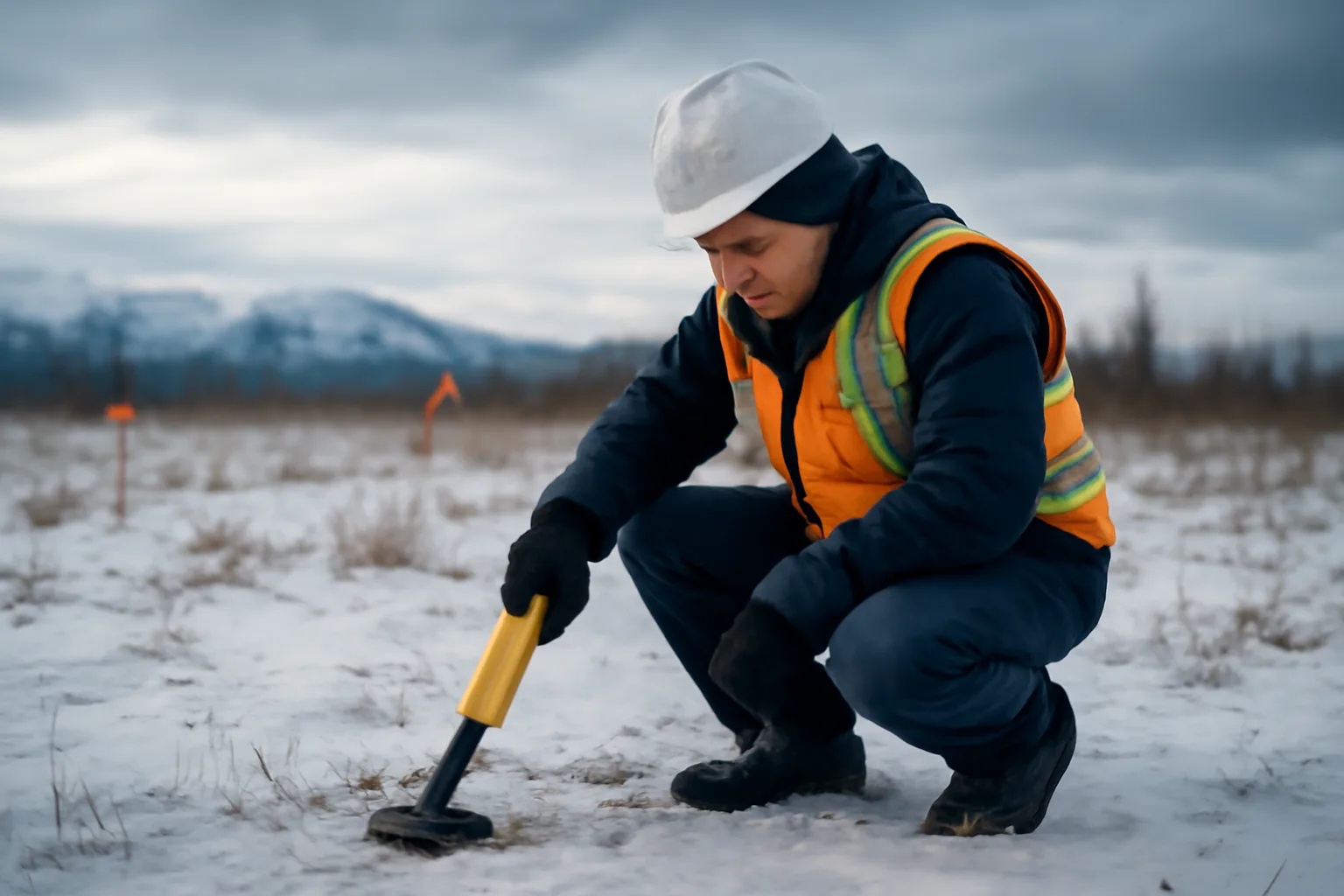 Utility locator using electromagnetic wand on frozen Alaska ground with survey flags