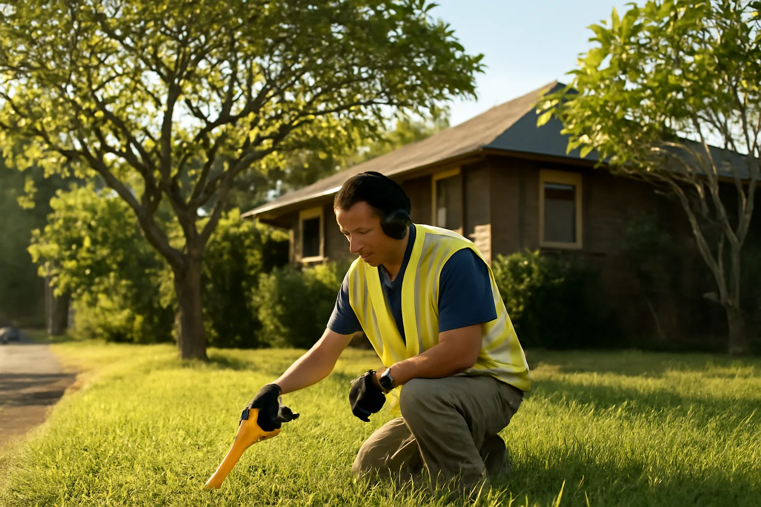 Field worker locating utilities on a grassy Honolulu residential lot