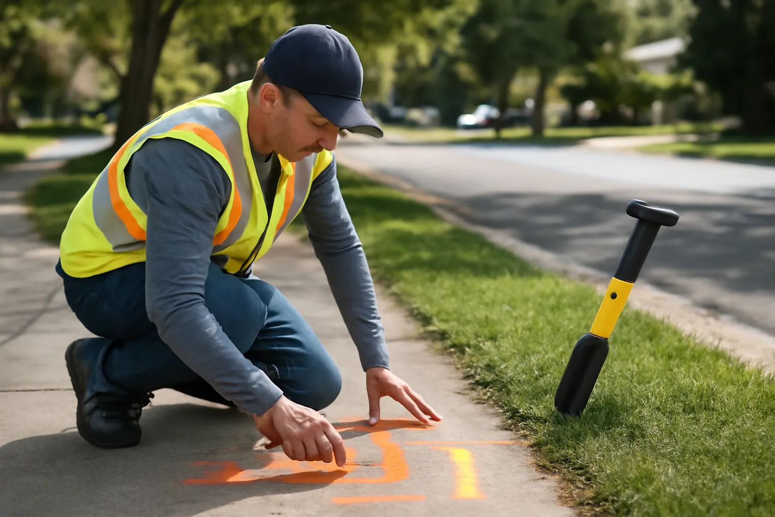 Utility locator technician marking underground lines on an Alabama sidewalk with orange paint