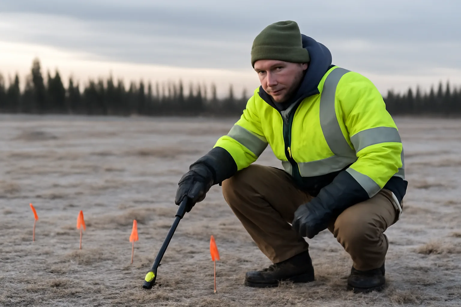Utility locator technician placing marking flags on frozen Alaska ground in early morning