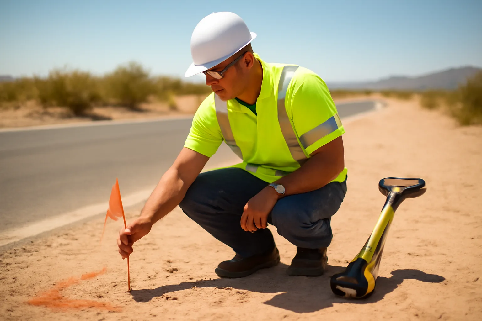 Utility locator placing orange pin flag on marked underground line in Arizona desert