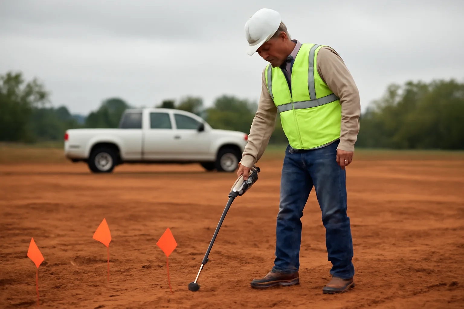 Utility locator in Arkansas scanning ground with EM wand beside orange flags on red clay soil