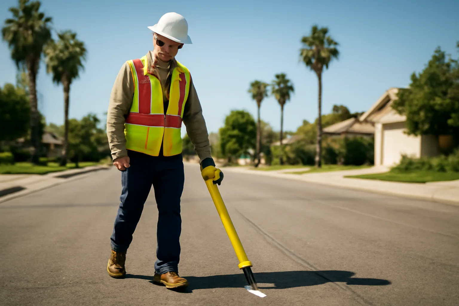 Utility locator in California marking underground utilities with spray paint