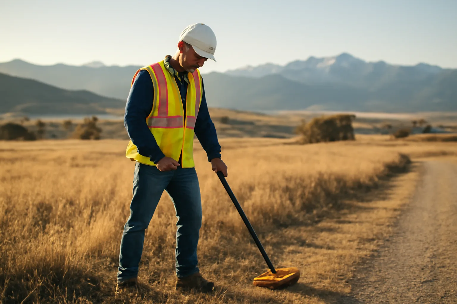 Utility locator sweeping a receiver over dry grass in the Colorado foothills