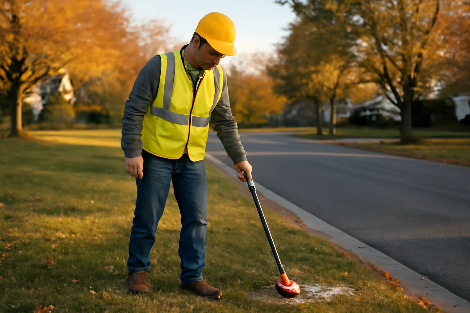 Utility locator using electromagnetic wand to mark underground lines on a Delaware residential street