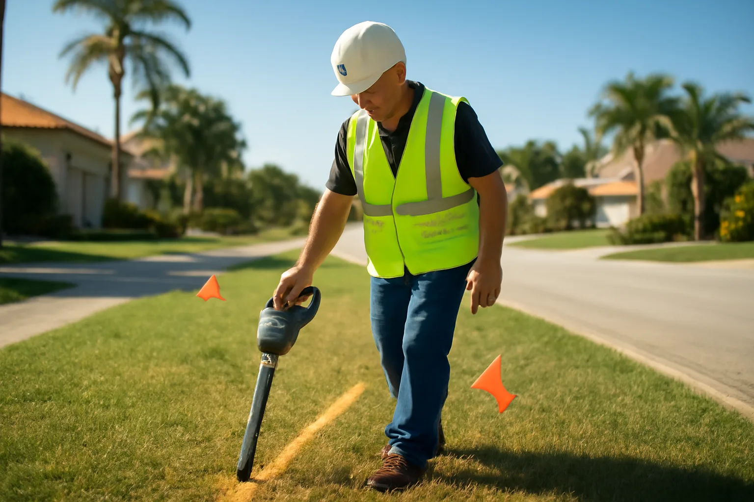 Utility locator marking gas line in Florida grass
