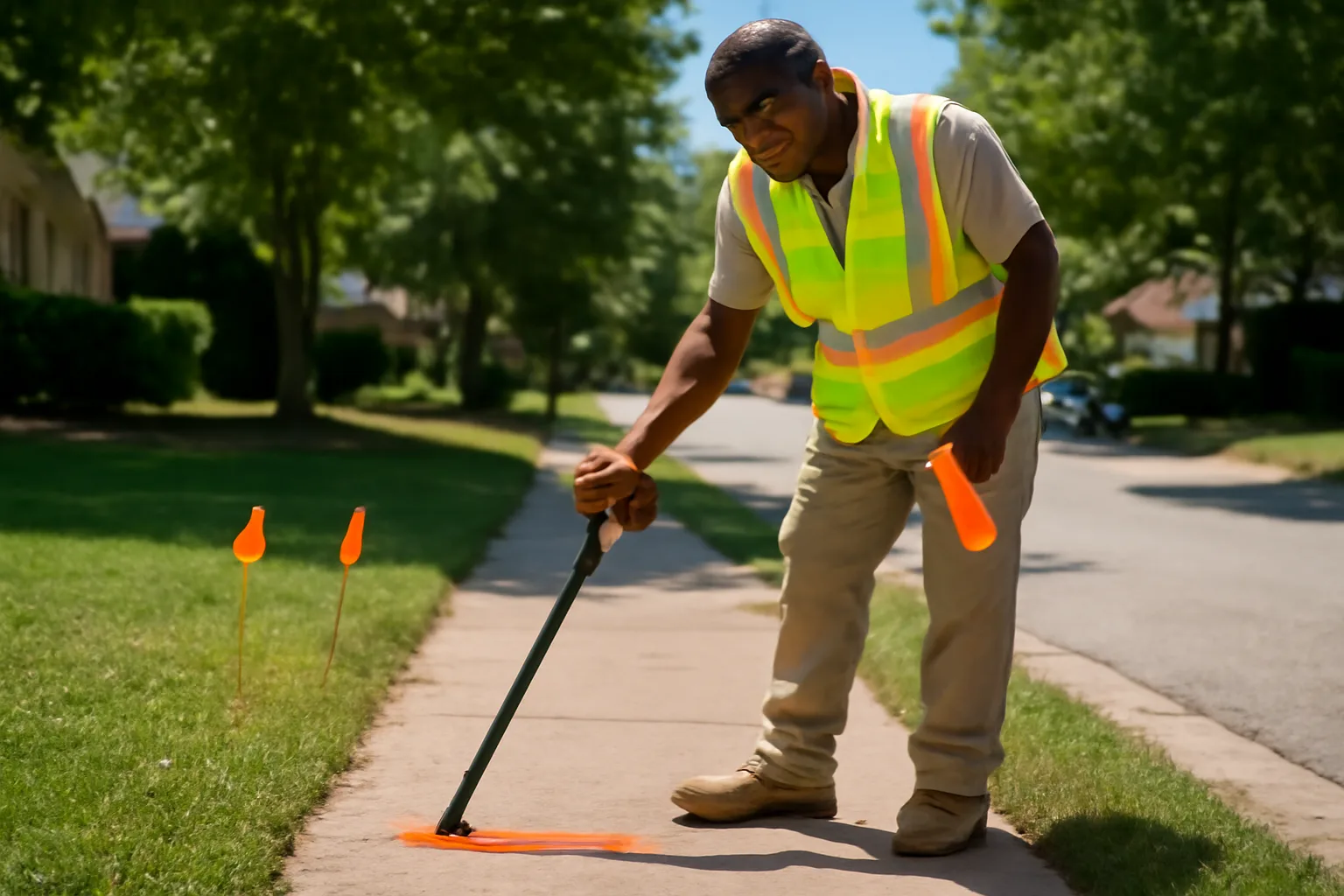 Utility locator working in Georgia neighborhood marking underground lines with paint and a receiver wand.
