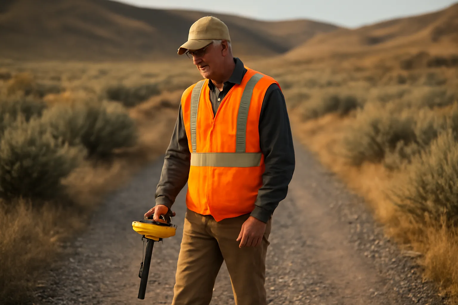 Utility locator walking a gravel corridor in the Idaho foothills