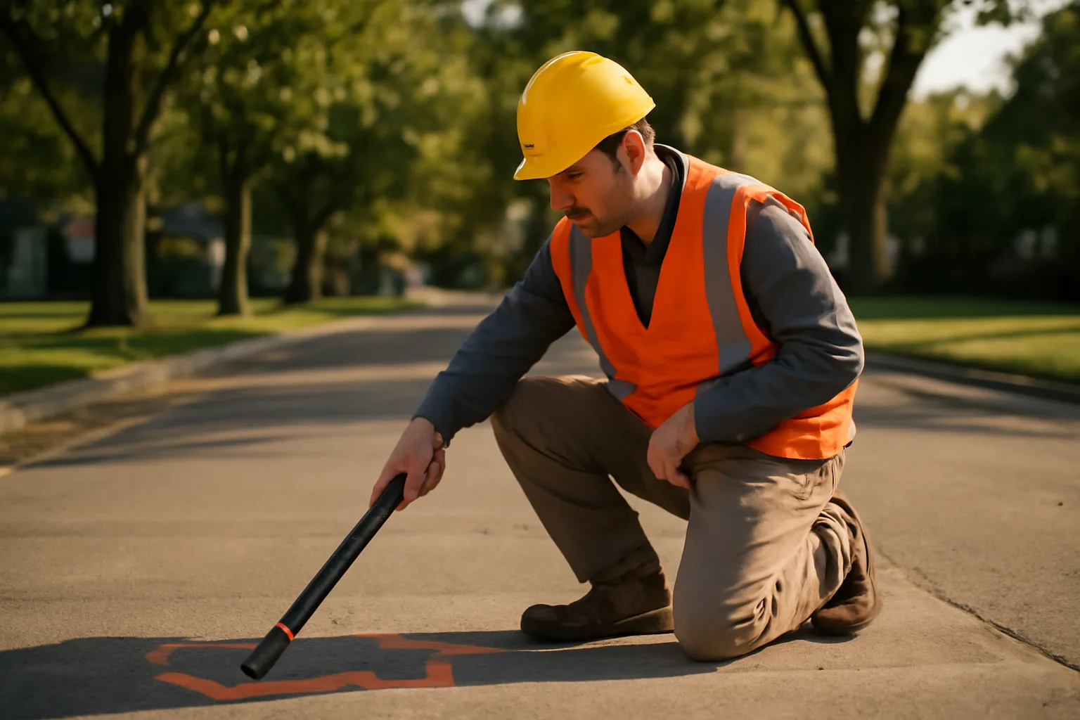 Utility locator technician kneeling on sidewalk using electromagnetic locating equipment in Alabama