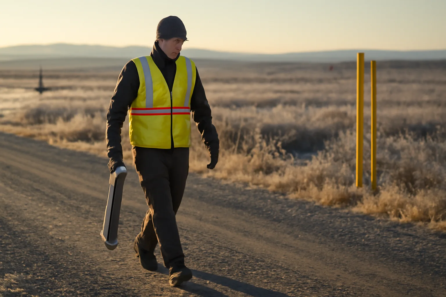 Utility locator technician with detection equipment on an Alaska pipeline corridor in morning light