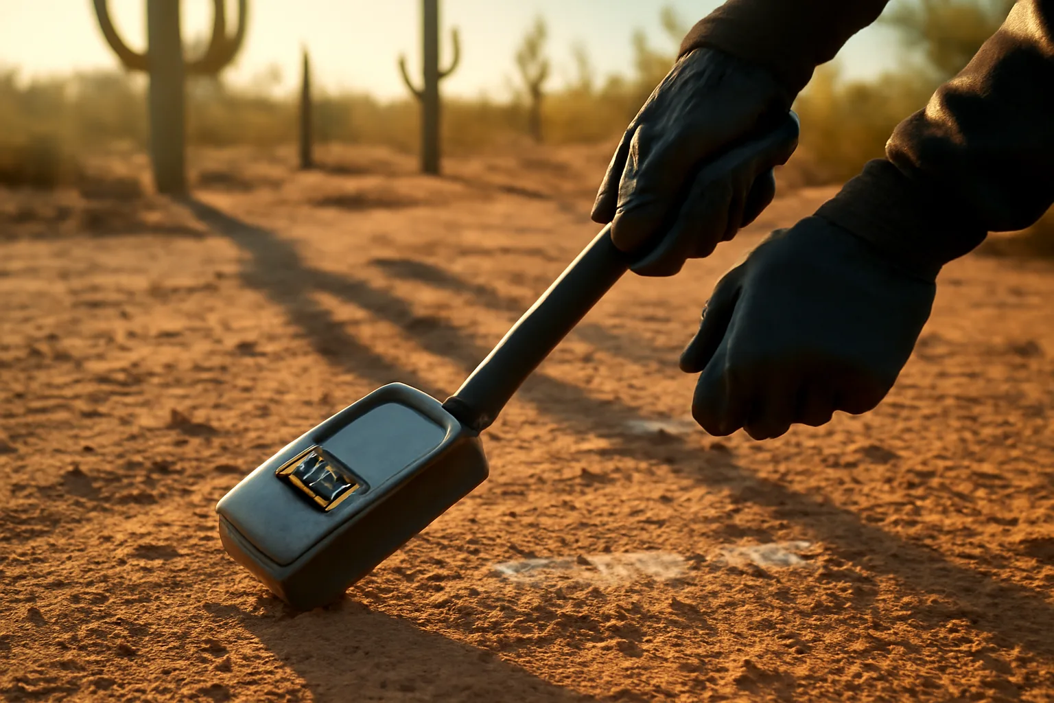 gloved hands hold a utility locator wand over marked desert dirt with saguaro shadows
