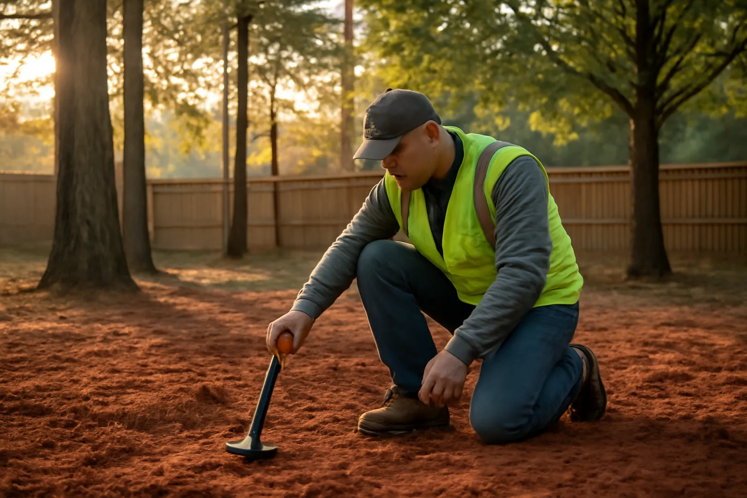 Utility locator sweeping a receiver over Georgia clay soil at dawn