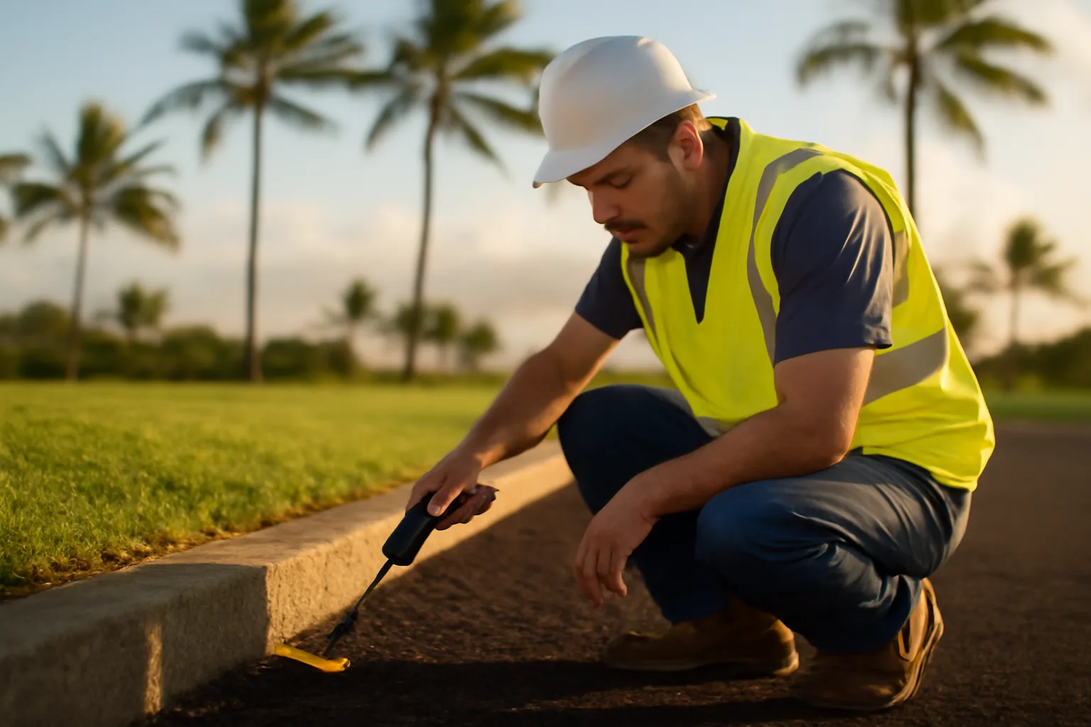 Worker locates buried utilities beside a Honolulu residential curb
