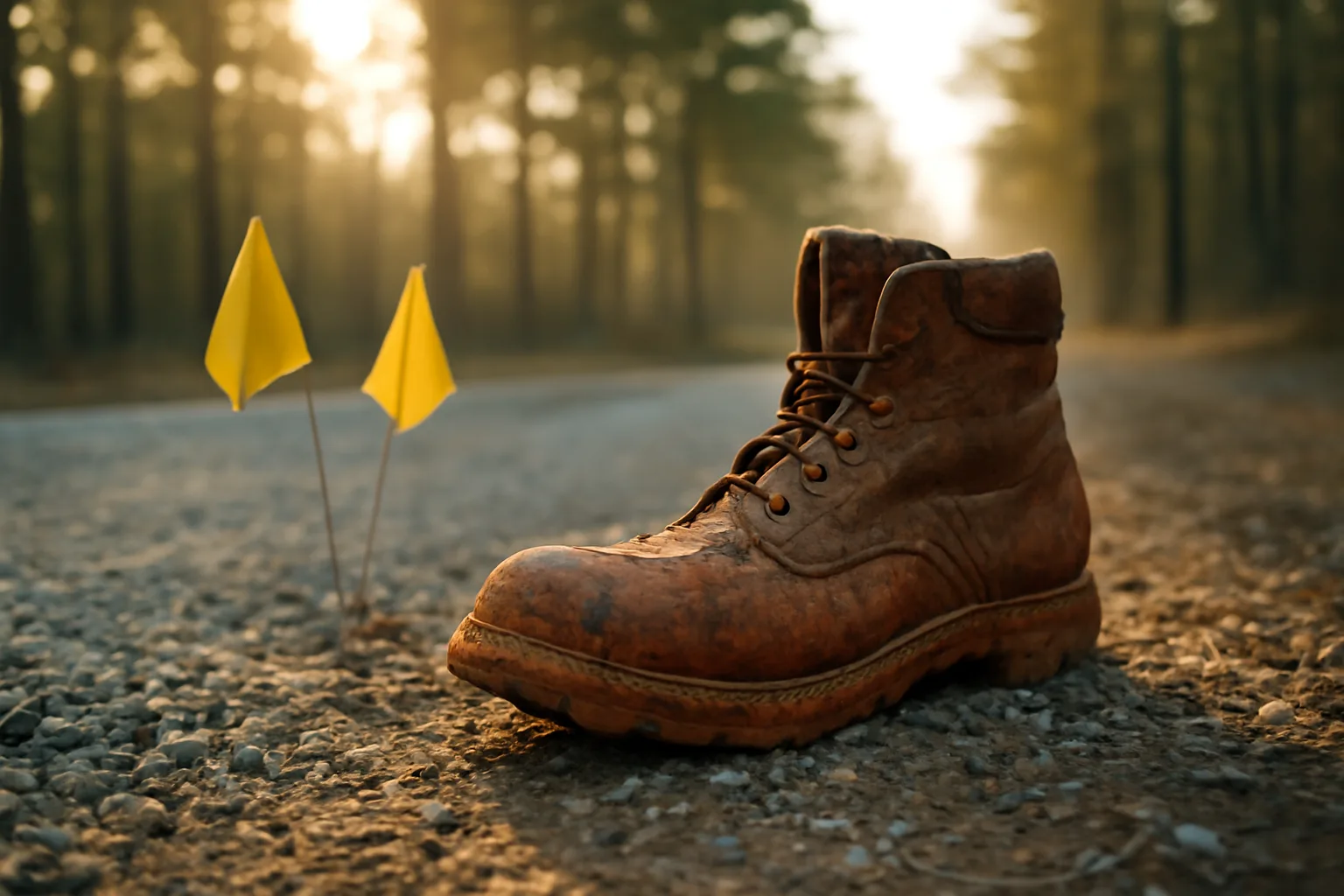 work boot on gravel with locate flags in Arkansas morning light