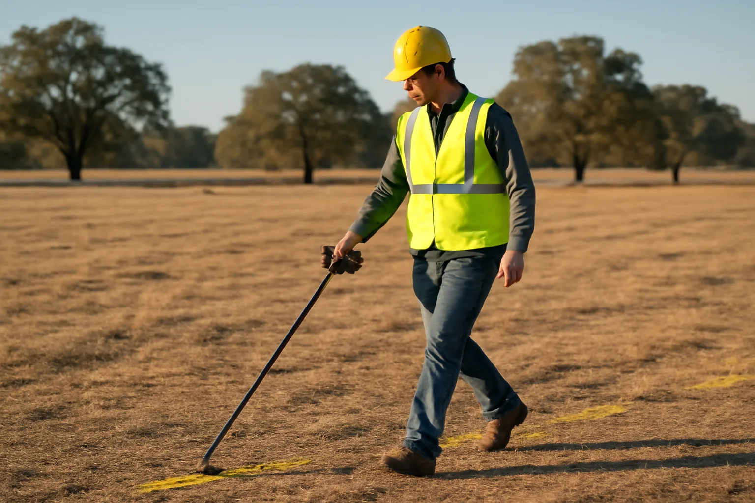 Utility locator scanning a marked California field with an electromagnetic wand at sunrise