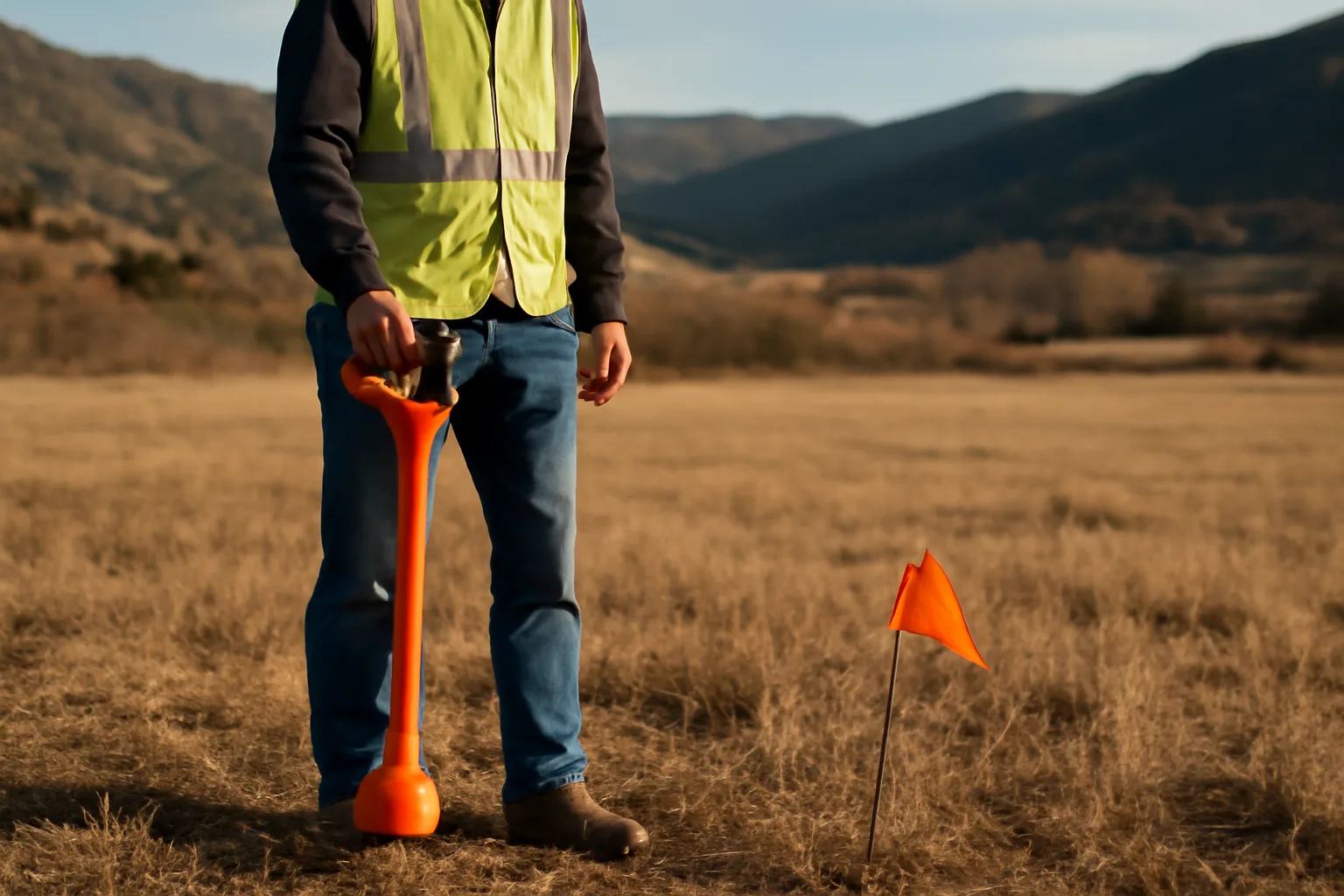 Utility locator using a wand over marked ground in Colorado foothills