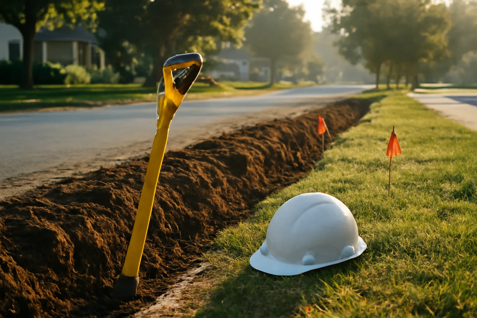 Utility locator's wand and trench in Delaware morning light