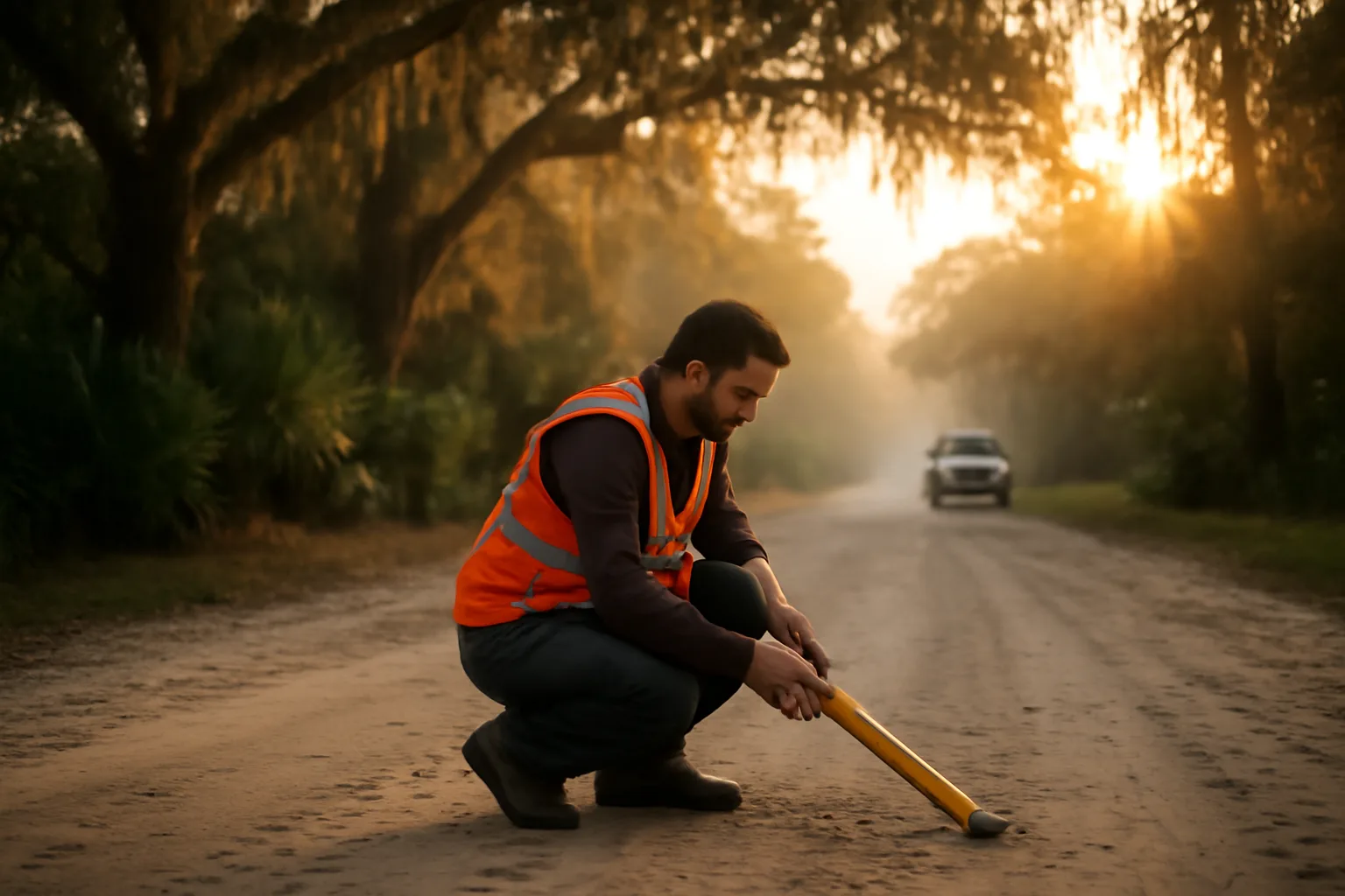 Worker locates buried utilities on a sandy Florida street