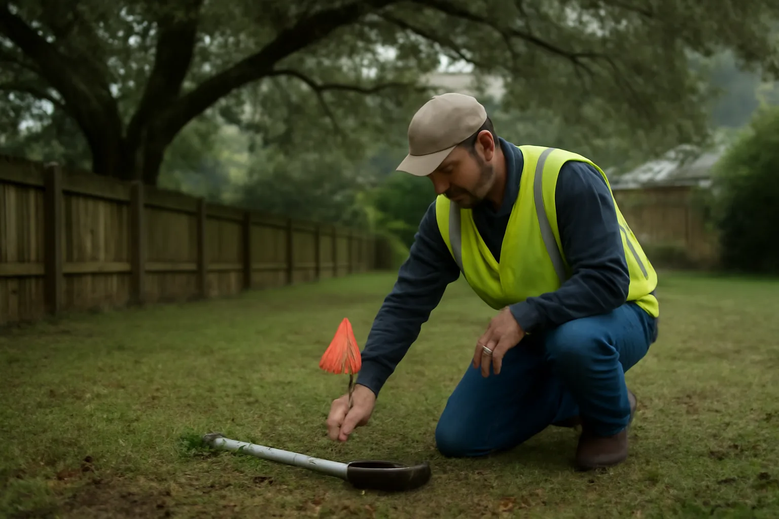 Utility locator planting a flag in a Georgia yard
