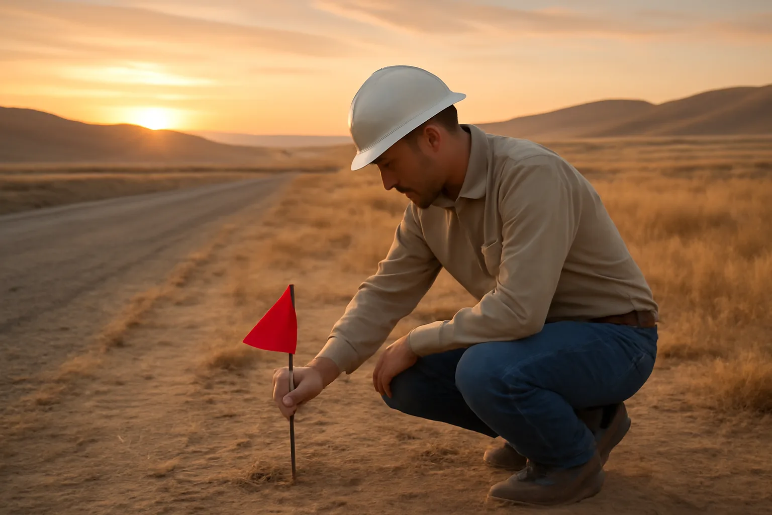 Utility locator placing a flag on bare Idaho soil at sunrise