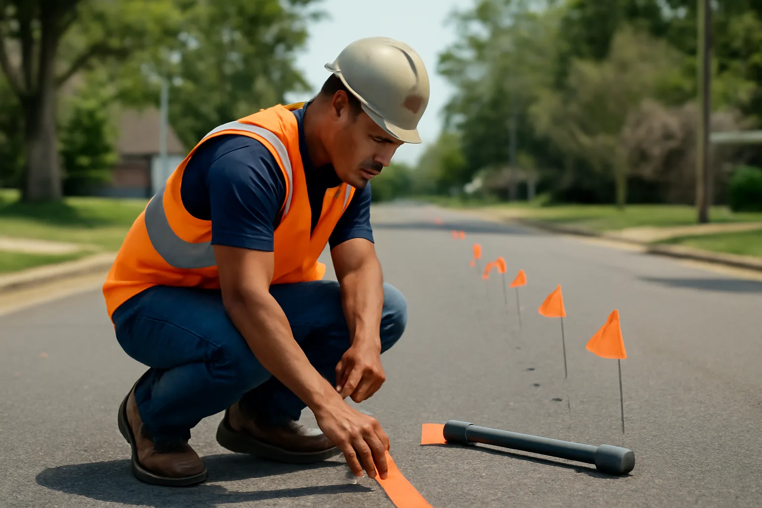 Utility locator marking underground lines on an Alabama suburban street