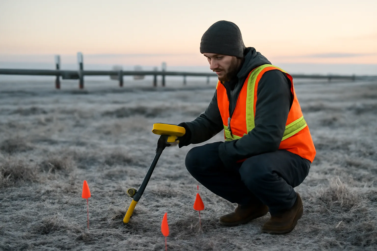 Utility locator using electromagnetic equipment on frozen Alaskan tundra near pipeline infrastructure