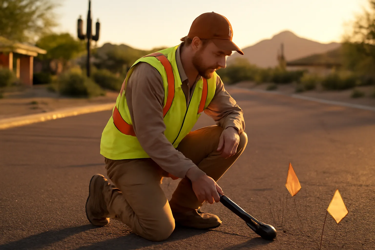 Utility locator technician using electromagnetic equipment on an Arizona street at golden hour