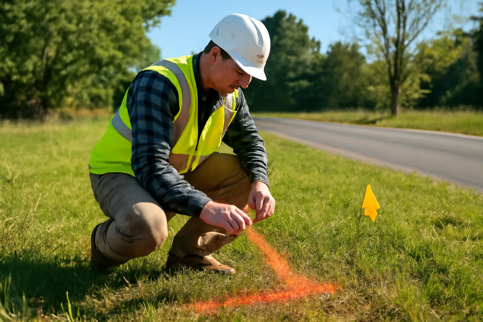 Worker marking underground utility lines with orange spray paint in Arkansas