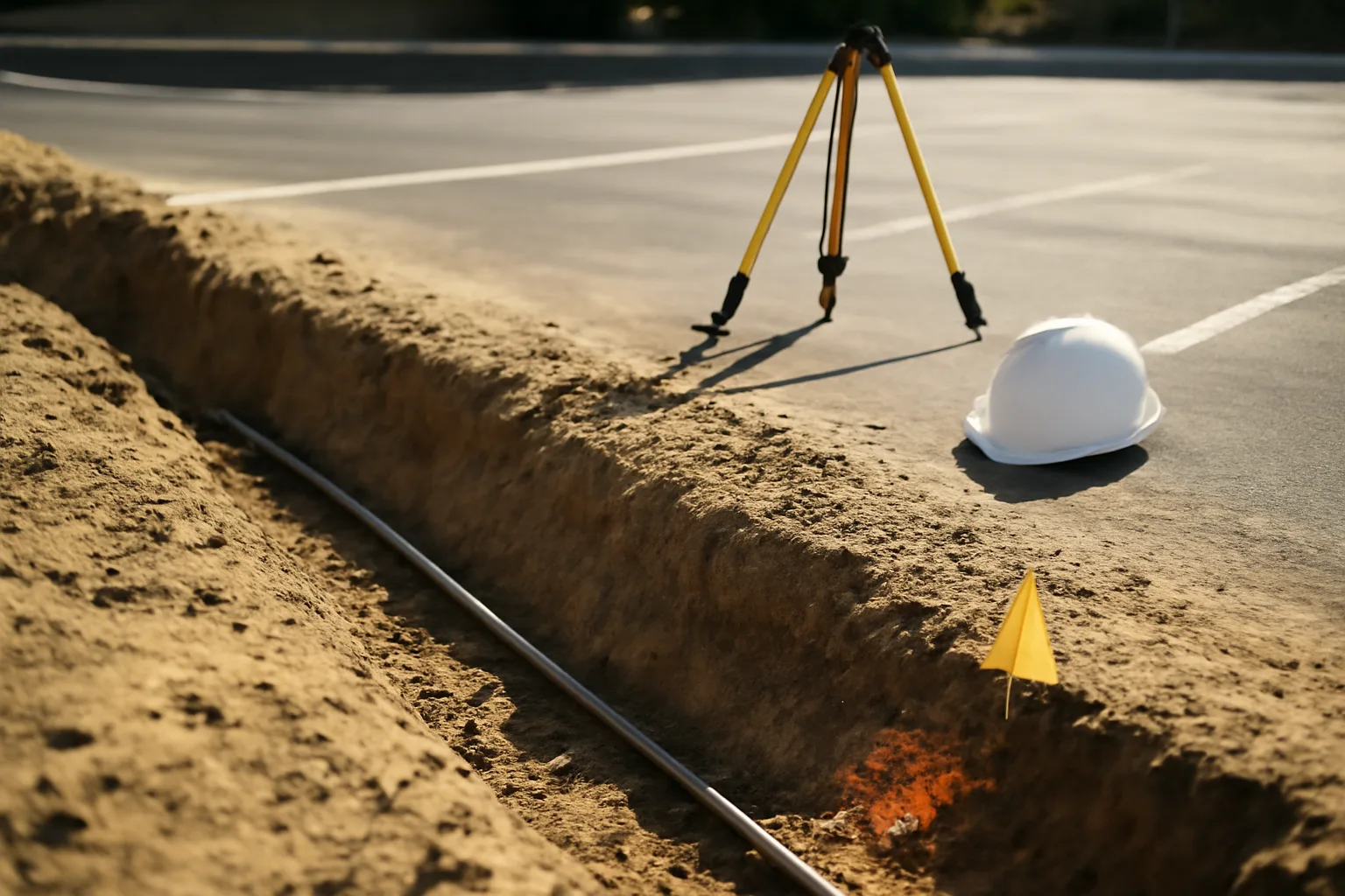 Utility locator trench with paint marks and flags in a California excavation site