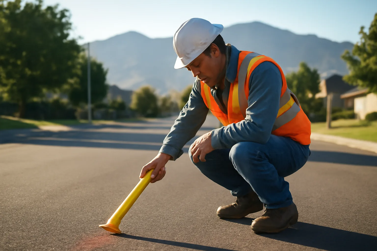 Utility locator marking underground electric line in a Colorado street