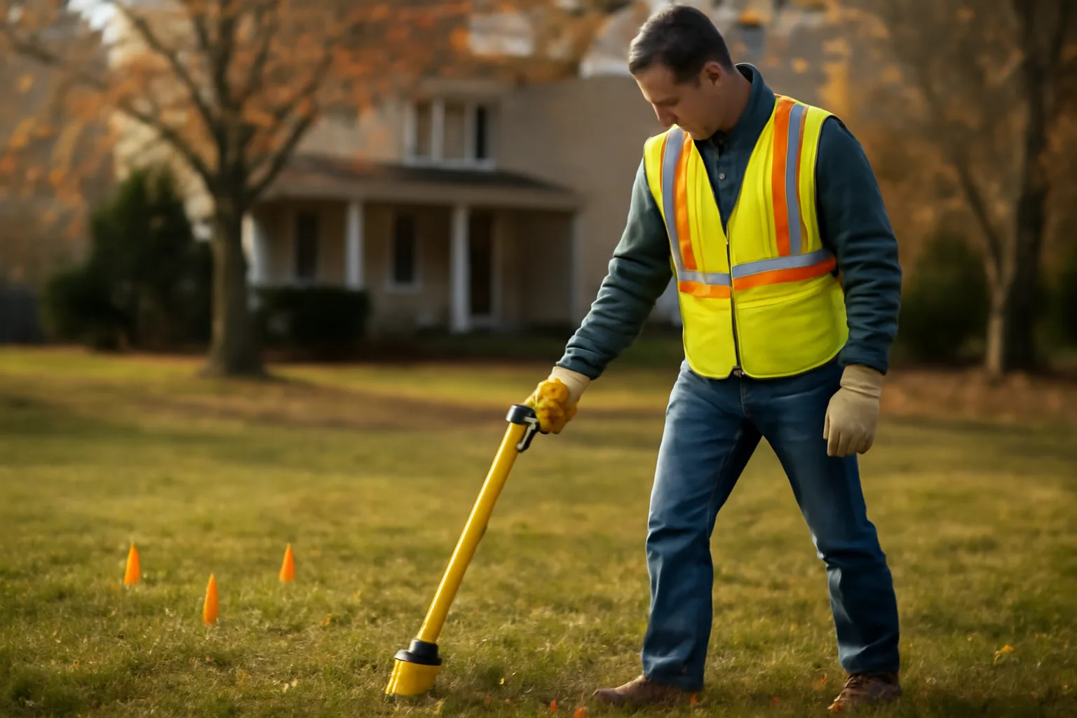 Utility locator in Connecticut scans a lawn with a locating wand and orange paint flags.