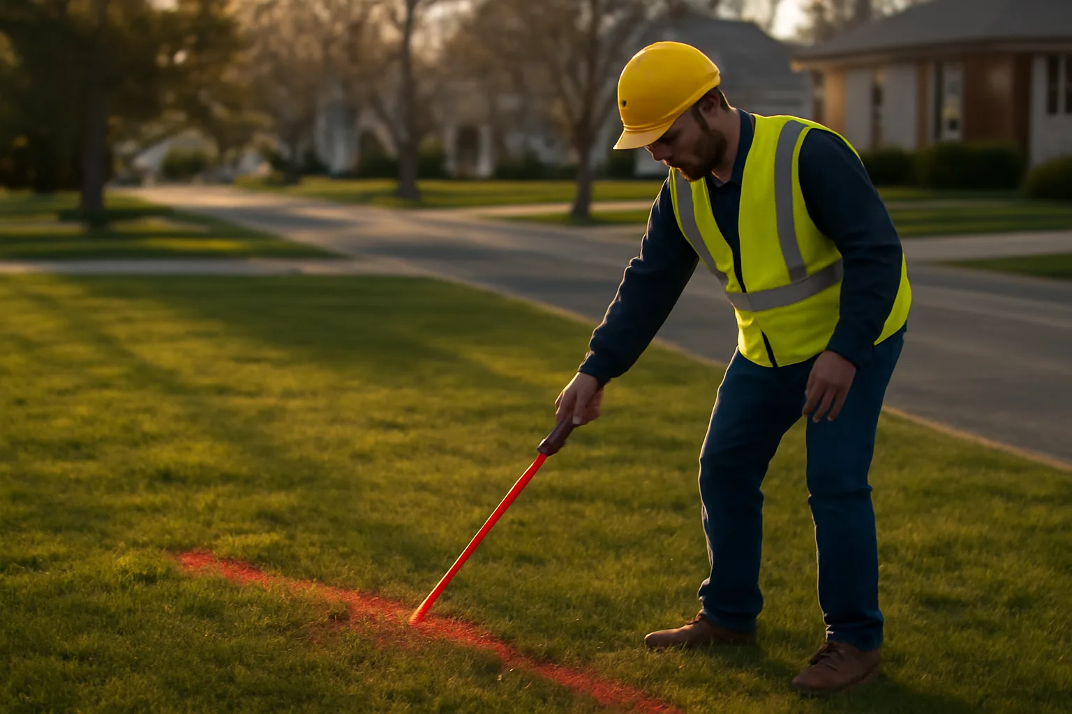 A utility locator marking lines in a Delaware suburb