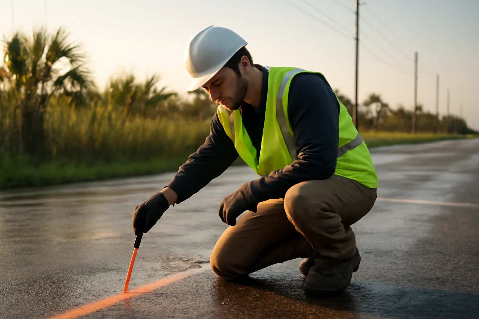 Utility locator kneeling and marking an orange line on Florida pavement with paint wand