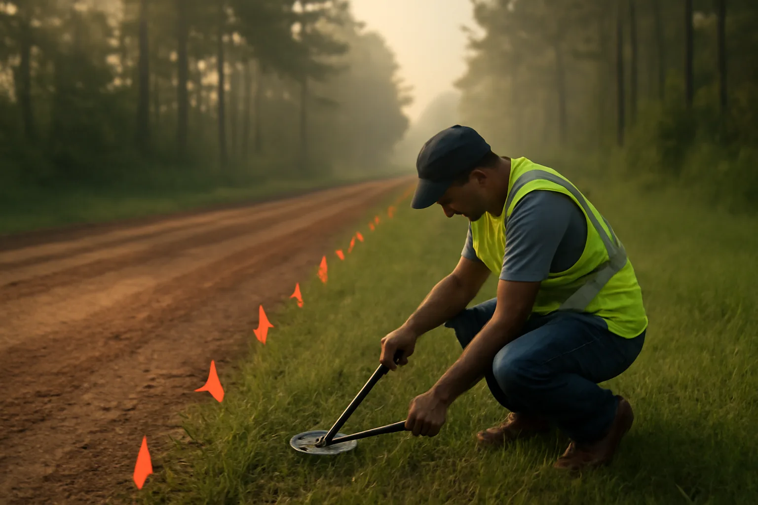 Utility locator marking a Georgia roadside in morning light