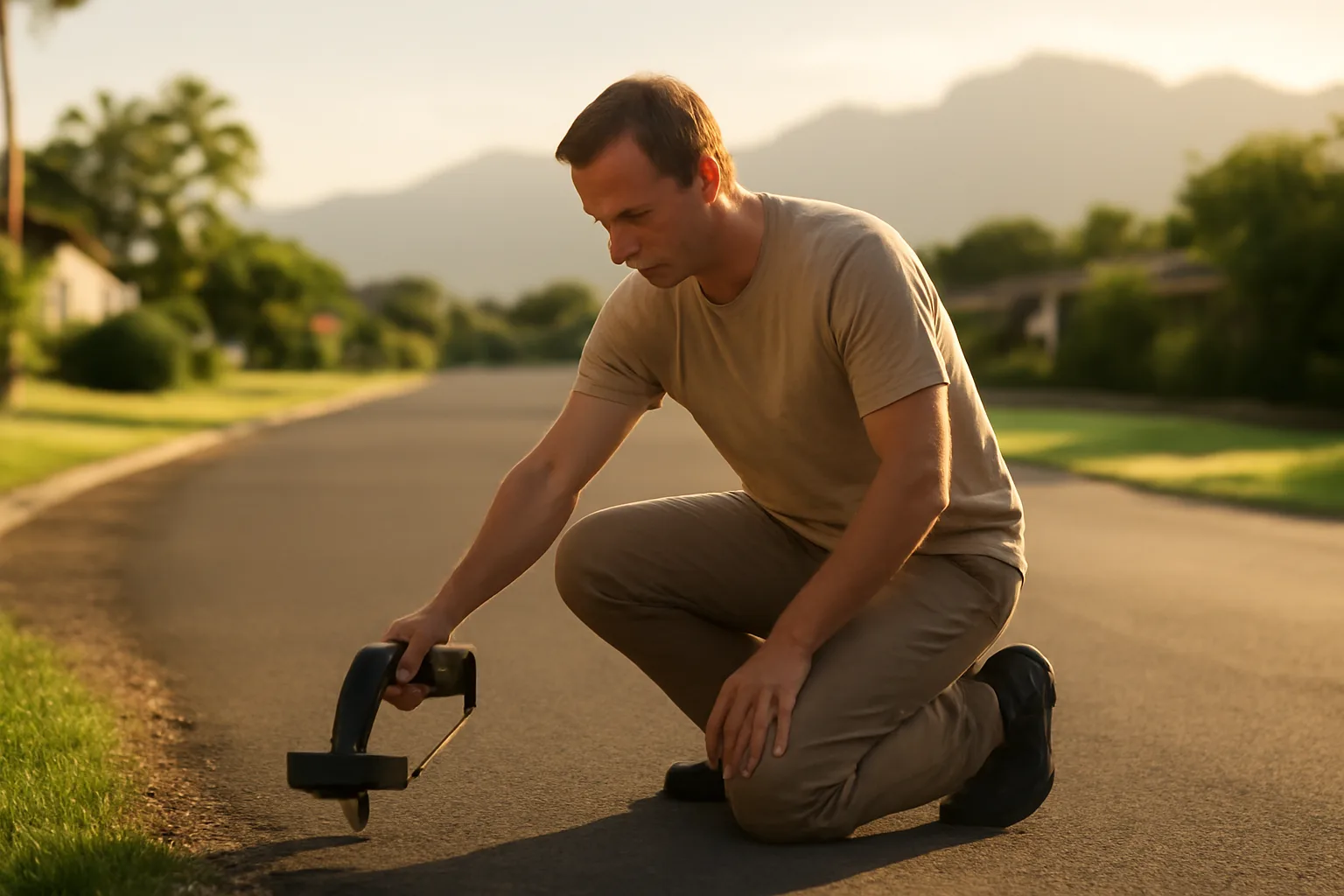 Utility locator kneeling on an Oahu roadside with a receiver wand
